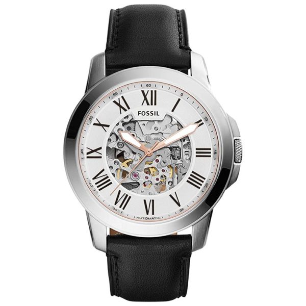 Fossil Men’s Automatic Black Leather Strap White Skeleton Dial 45mm Watch ME3101