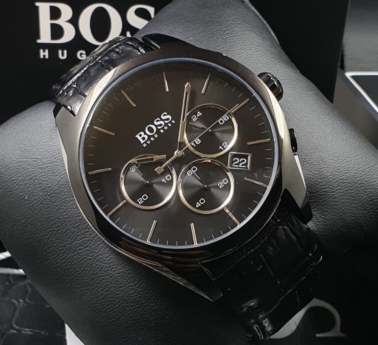 Hugo Boss Men’s Quartz Lather Strap Black Dial 46mm Watch 1513367