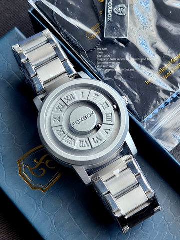 New FOXBOX 0047 Magnetic Ball Watch Mens Waterproof Leather Quartz Wristwatch Skeleton 42MM Dial Rolling Ball Pointer Men Clock