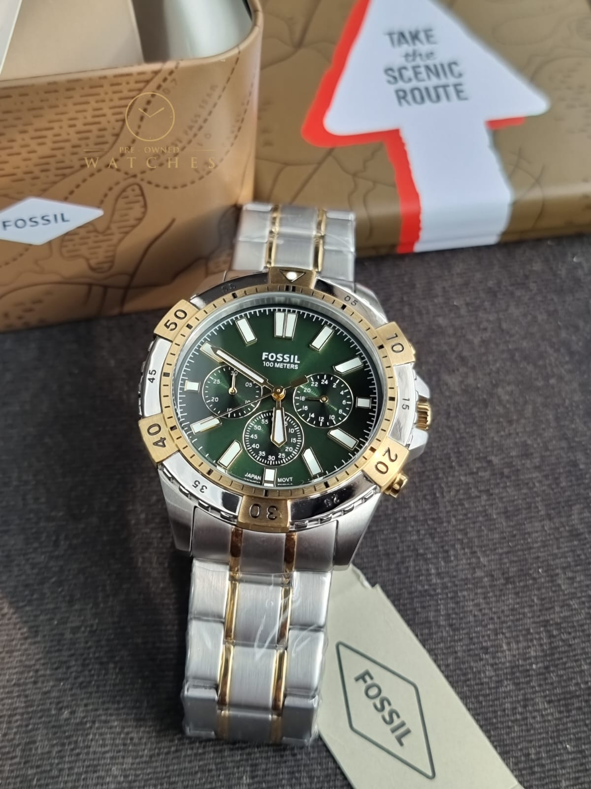 Fossil Men’s Chronograph Quartz Stainless Steel Green Dial 44mm Watch FS5622
