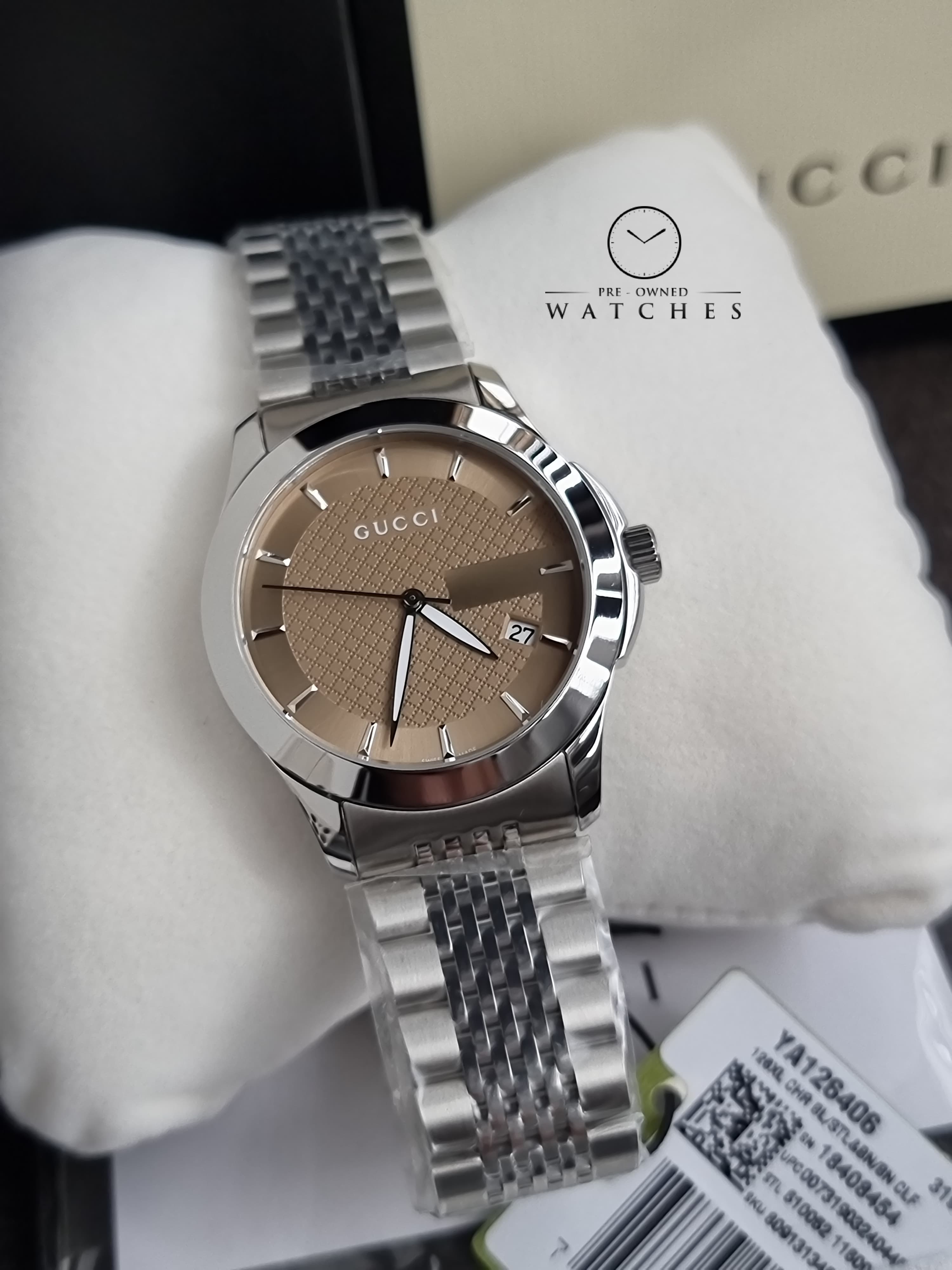 Gucci Men’s Analog Quartz Stainless Steel Brown Dial 38mm Watch YA126406