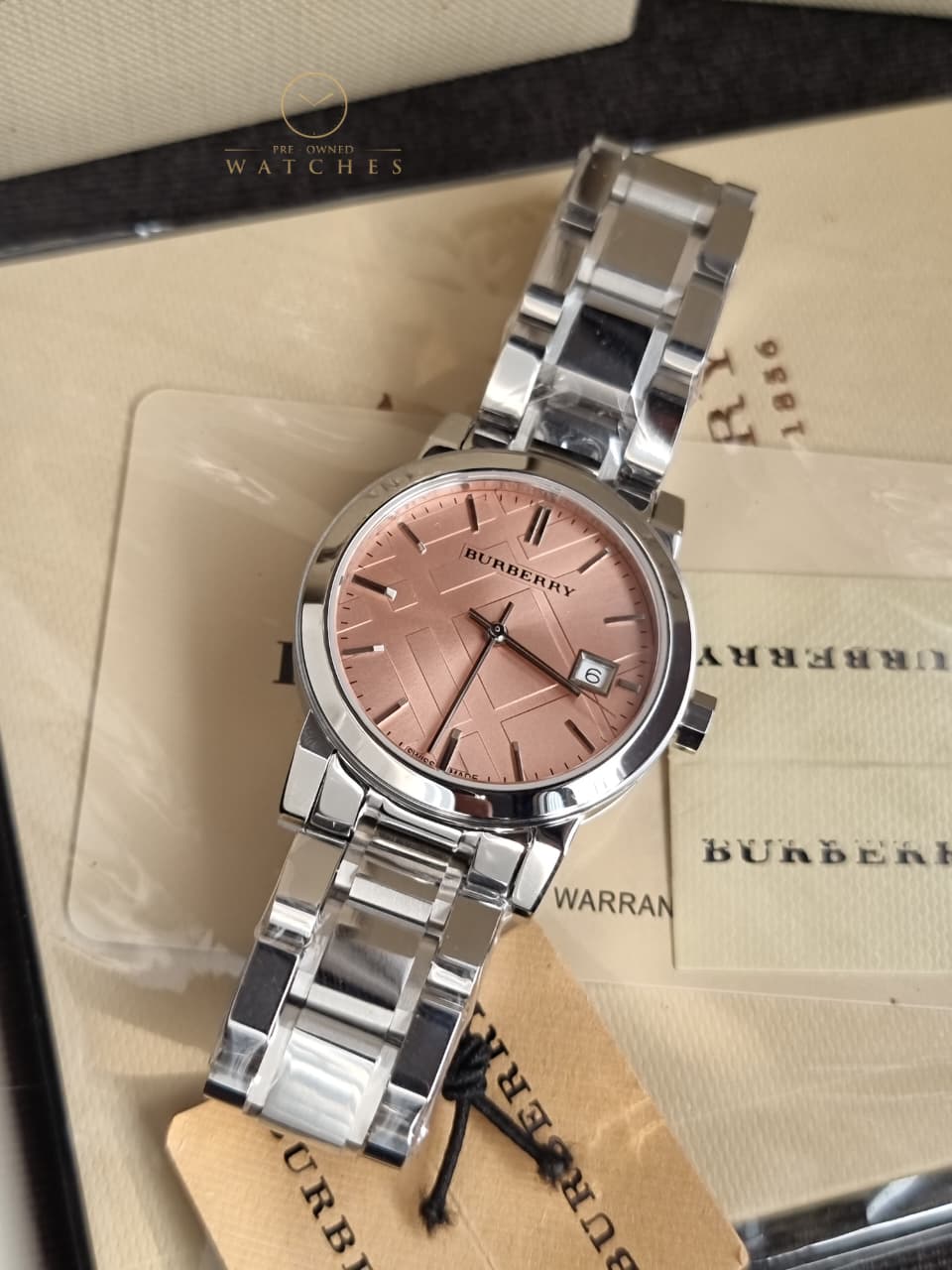 BURBERRY Pink Check Stamped Stainless Steel Ladies Watch BU9124