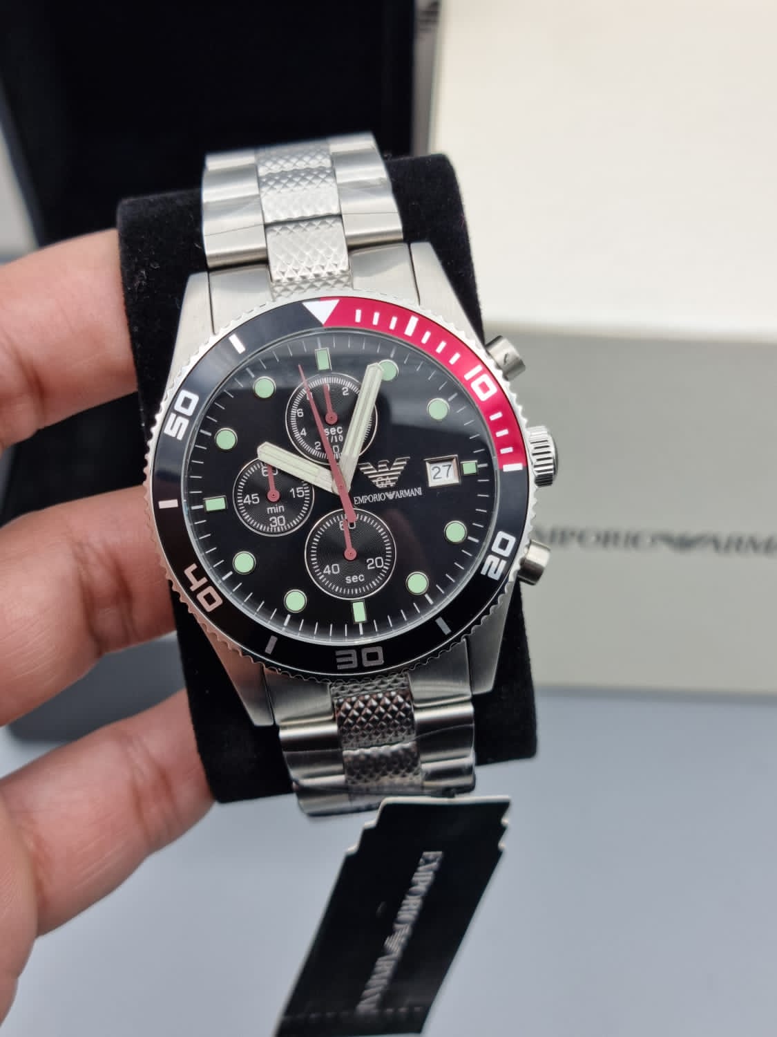 Emporio Armani Men's Black Dial Stainless Steel Band Watch - Ar5855, Analog Display, Japanese Chronograph Quartz Movement