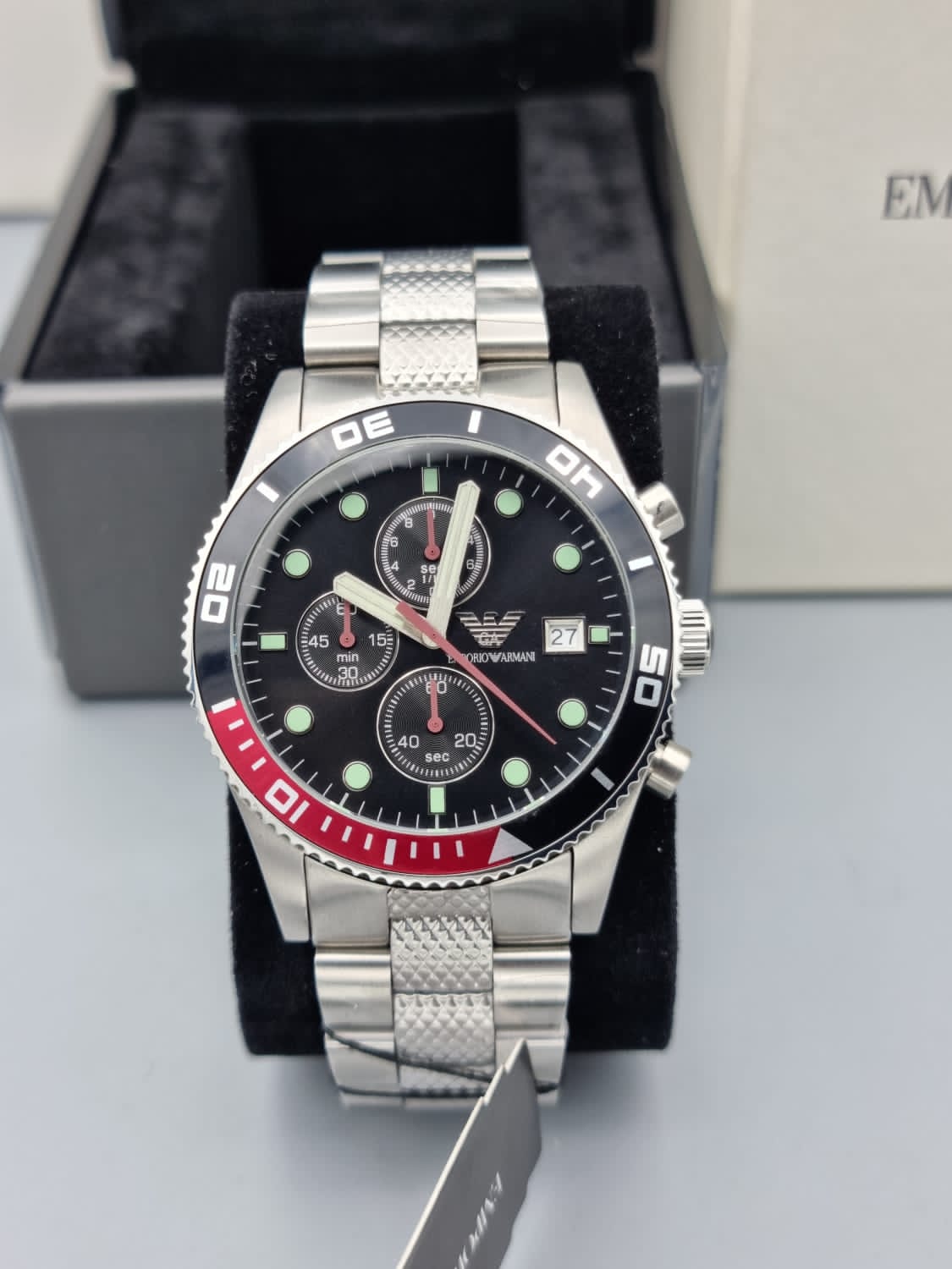 Emporio Armani Men's Black Dial Stainless Steel Band Watch - Ar5855, Analog Display, Japanese Chronograph Quartz Movement