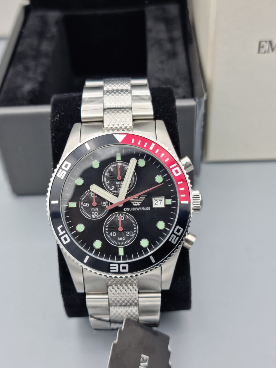 Emporio Armani Men's Black Dial Stainless Steel Band Watch - Ar5855, Analog Display, Japanese Chronograph Quartz Movement
