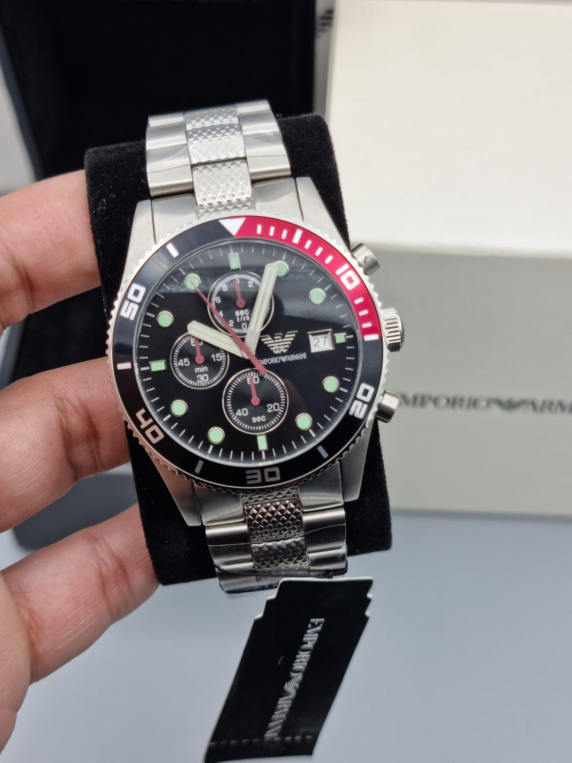 Emporio Armani Men's Black Dial Stainless Steel Band Watch - Ar5855, Analog Display, Japanese Chronograph Quartz Movement