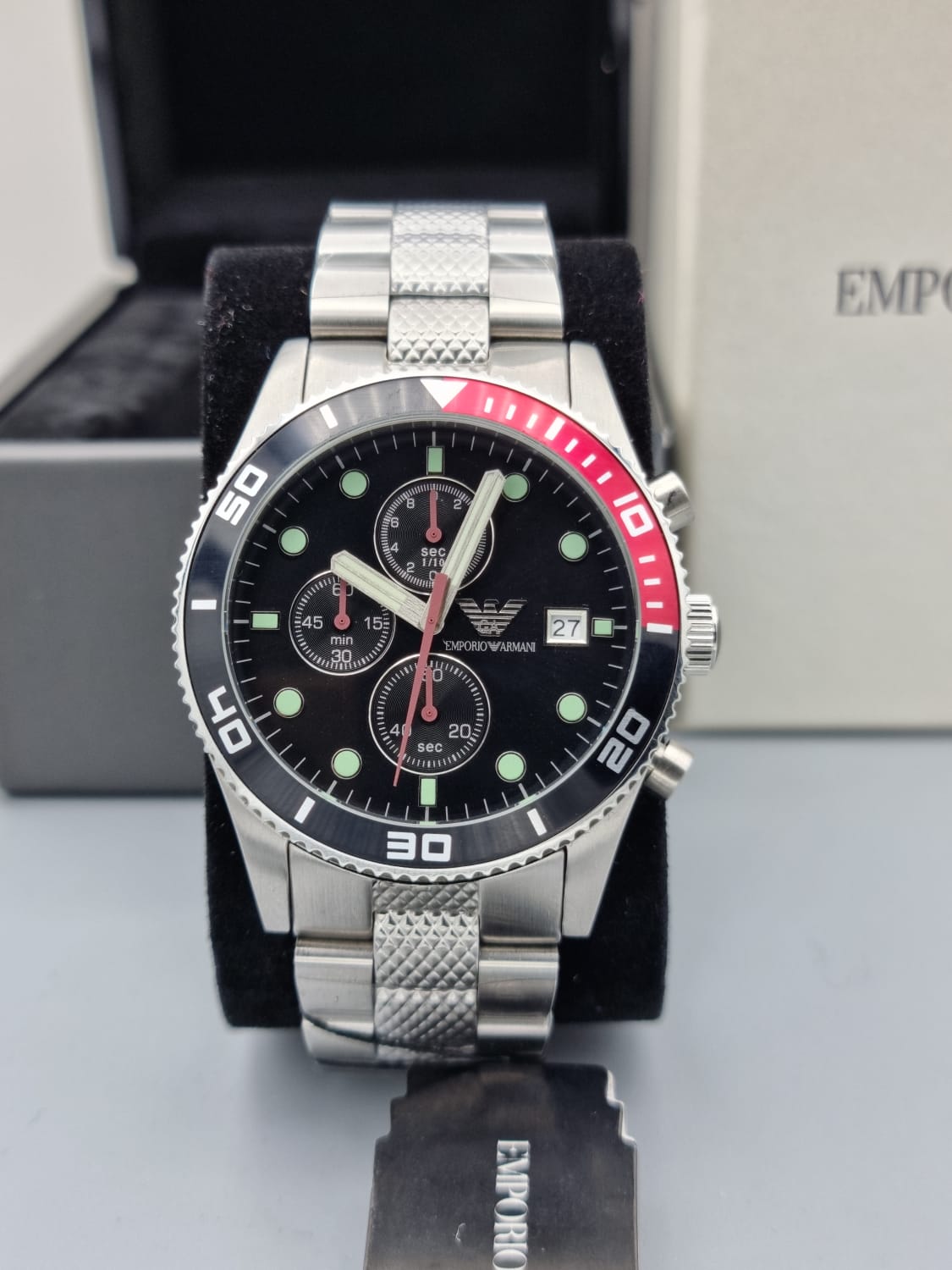 Emporio Armani Men's Black Dial Stainless Steel Band Watch - Ar5855, Analog Display, Japanese Chronograph Quartz Movement