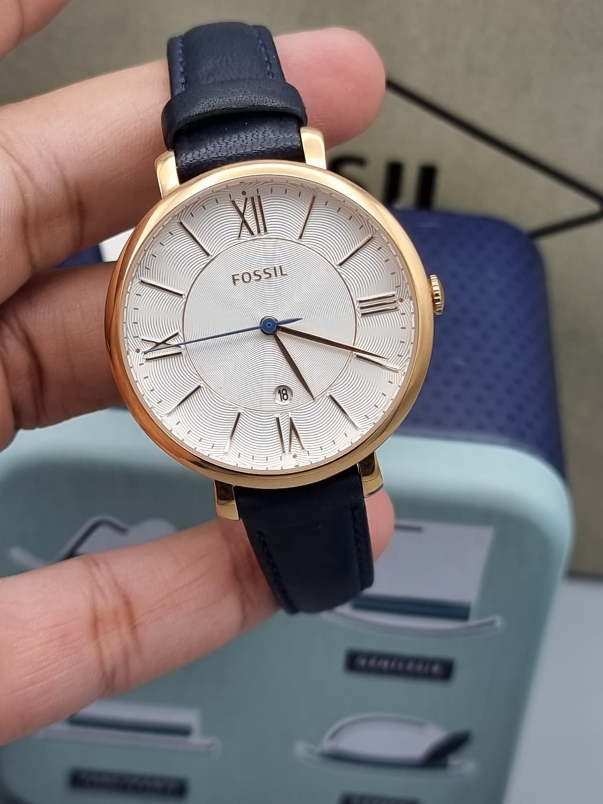 FOSSIL Jacqueline Silver Dial Navy Leather Quartz Ladies Watch ES3843