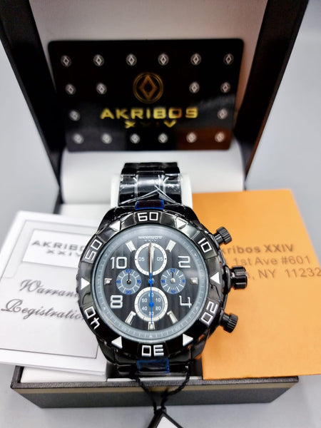 Akribos XXIV Men's Multifunction Watch - 4 Subdials Day, Date and GMT -  Wave Textured Dial on Stainless Steel Bracelet - AK814BK