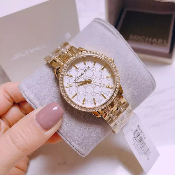 NEW store MICHAEL KORS NINI GOLD TONE,CRYSTALS,WHITE MONOGRAM LOGO DIAL WATCH-MK3214