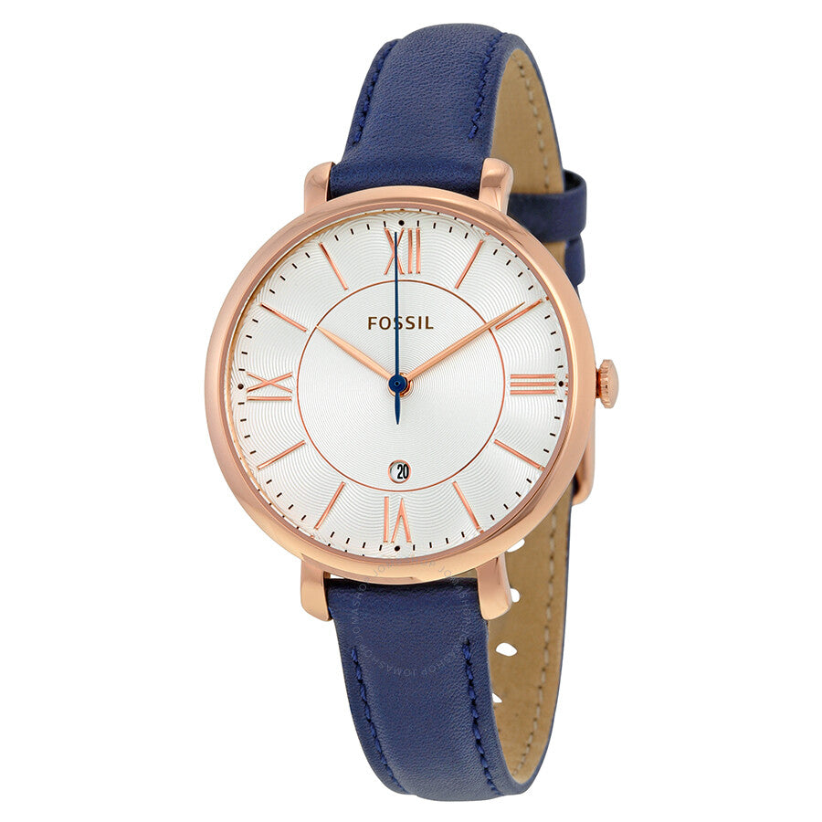 FOSSIL Jacqueline Silver Dial Navy Leather Quartz Ladies Watch ES3843