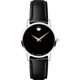 Movado Women’s Swiss Made Quartz Black Leather Strap Black Dial 28mm Watch 0607274