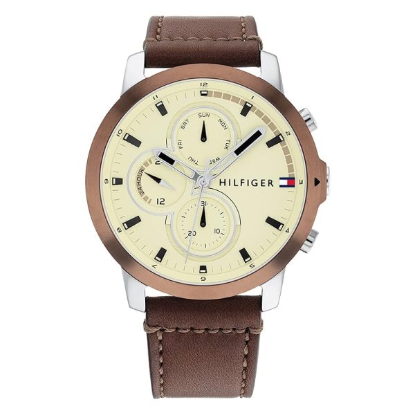 Tommy Hilfiger Men’s Quartz Brown Leather Strap Cream Dial 46mm Watch 1792053 Hover Image