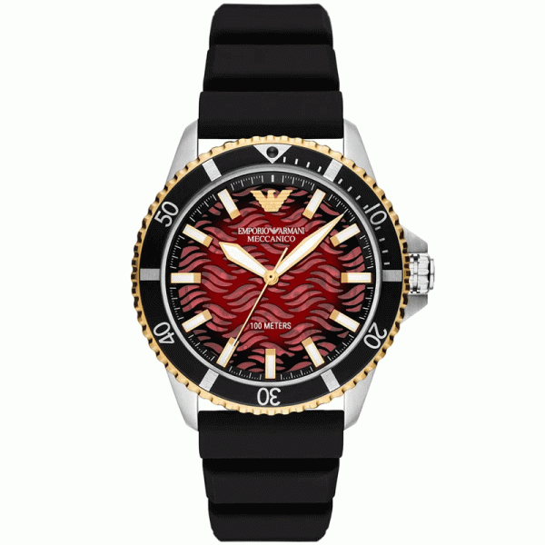 Emporio Armani Men’s Automatic Black Silicone Strap Red Dial 43mm Watch AR60070 Hover Image