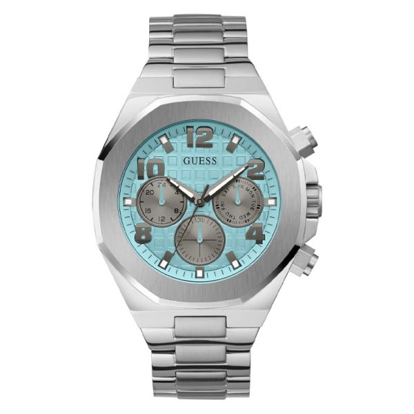 Guess Men’s Quartz Silver Stainless Steel Sky Blue Dial 46mm Watch GW0489G3 Hover Image