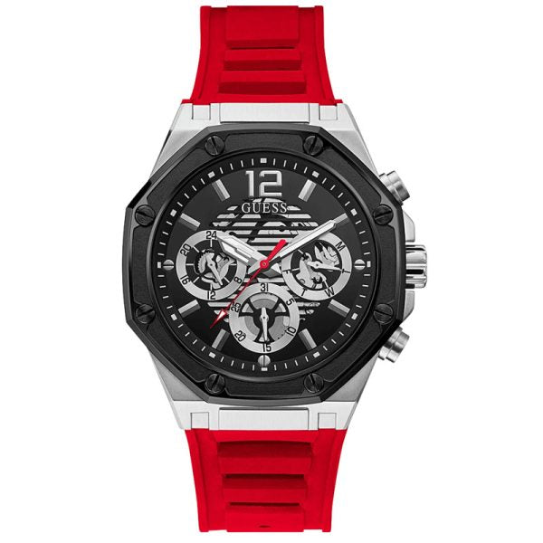 Guess Men’s Quartz Red Silicone Strap Black Dial 44mm Watch GW0263G3 Hover Image