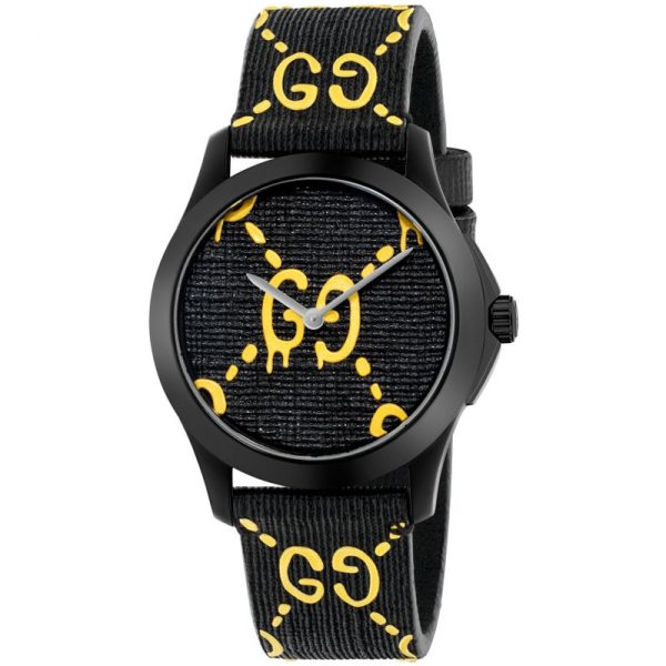 Gucci Unisex Swiss Made Quartz Black Silicone Strap Black & Yellow Dial 38mm Watch YA1264019 Hover Image