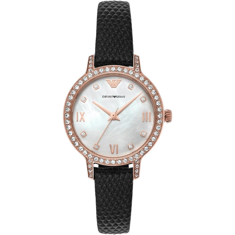 Emporio Armani Cleo Three-Hand Mother of Pearl Dial Black Leather Strap Watch For Women - AR11485