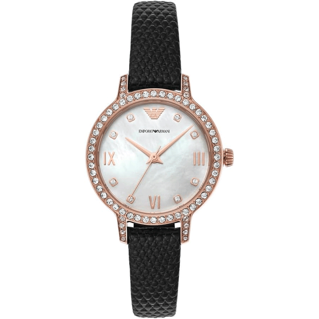 Emporio Armani Cleo Three-Hand Mother of Pearl Dial Black Leather Strap Watch For Women - AR11485 Hover Image