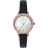 Emporio Armani Cleo Three-Hand Mother of Pearl Dial Black Leather Strap Watch For Women - AR11485