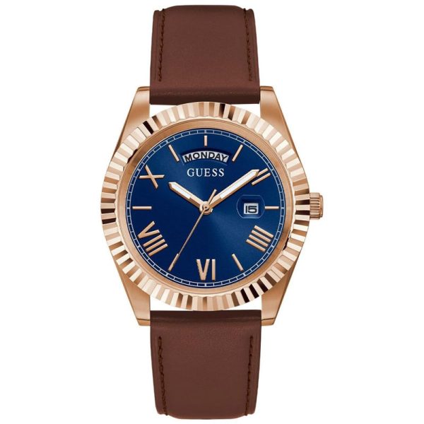 Guess Men’s Quartz Brown Leather Strap Blue Dial 42mm Watch GW0353G2 Hover Image