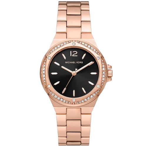Michael Kors Women’s Quartz Rose Gold Stainless Steel Black Dial 37mm Watch MK7233 Hover Image