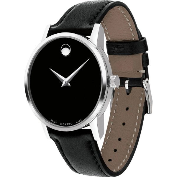 Movado Women’s Swiss Made Quartz Black Leather Strap Black Dial 28mm Watch 0607274 Main Image