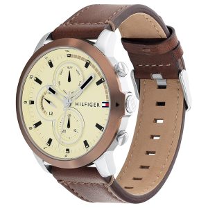 Tommy Hilfiger Men’s Quartz Brown Leather Strap Cream Dial 46mm Watch 1792053 Main Image