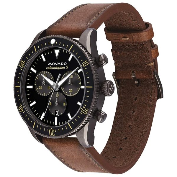 Movado Men’s Swiss Made Quartz Brown Leather Strap Black Dial 42mm Watch 3650060