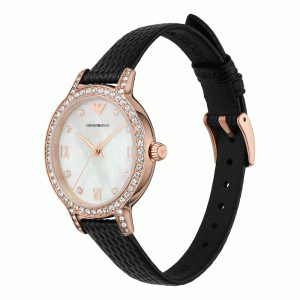Emporio Armani Cleo Three-Hand Mother of Pearl Dial Black Leather Strap Watch For Women - AR11485