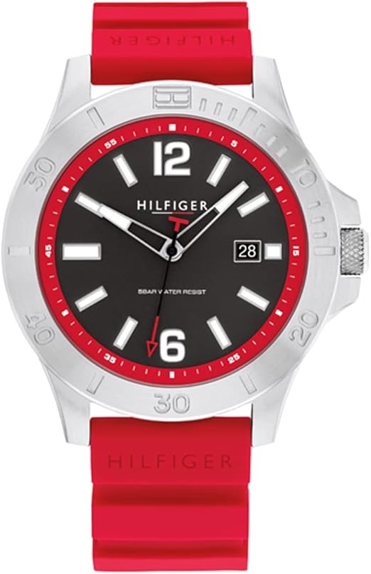 Tommy Hilfiger Men’s Quartz Red Silicone Strap Grey Dial 46mm Watch 1710540 Hover Image