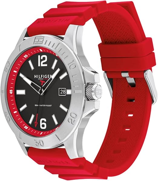Tommy Hilfiger Men’s Quartz Red Silicone Strap Grey Dial 46mm Watch 1710540 Main Image