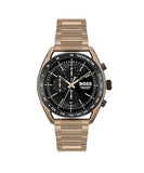 BOSS Center Court Qtz Fashion Chrono Black Round Dial Men's Analog Watch|Ionic Plated Beige Gold Steel Material|Gold Color Band - 1514027