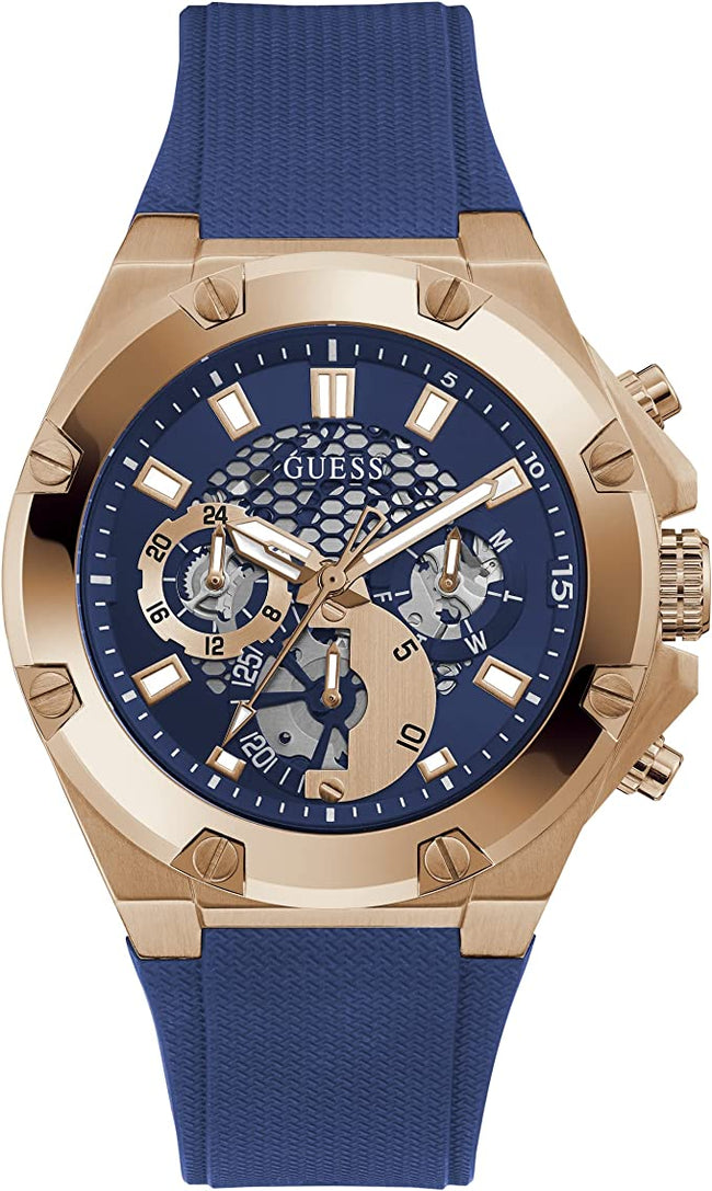 GUESS US Men's Rose Gold-Tone and Black Multifunction Watch Hover Image