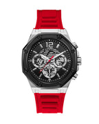 Guess Mens Silver Case with Black TR Black Multi-Function Dial Red Silicone Strap Watch