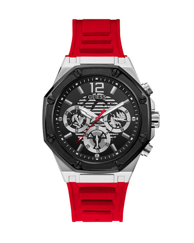 Guess Mens Silver Case with Black TR Black Multi-Function Dial Red Silicone Strap Watch Hover Image