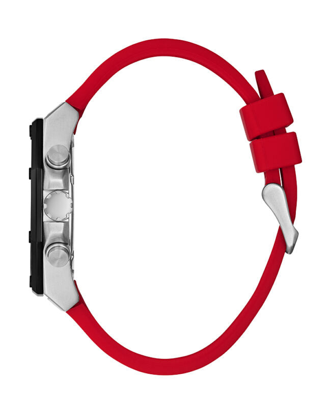 Guess Mens Silver Case with Black TR Black Multi-Function Dial Red Silicone Strap Watch