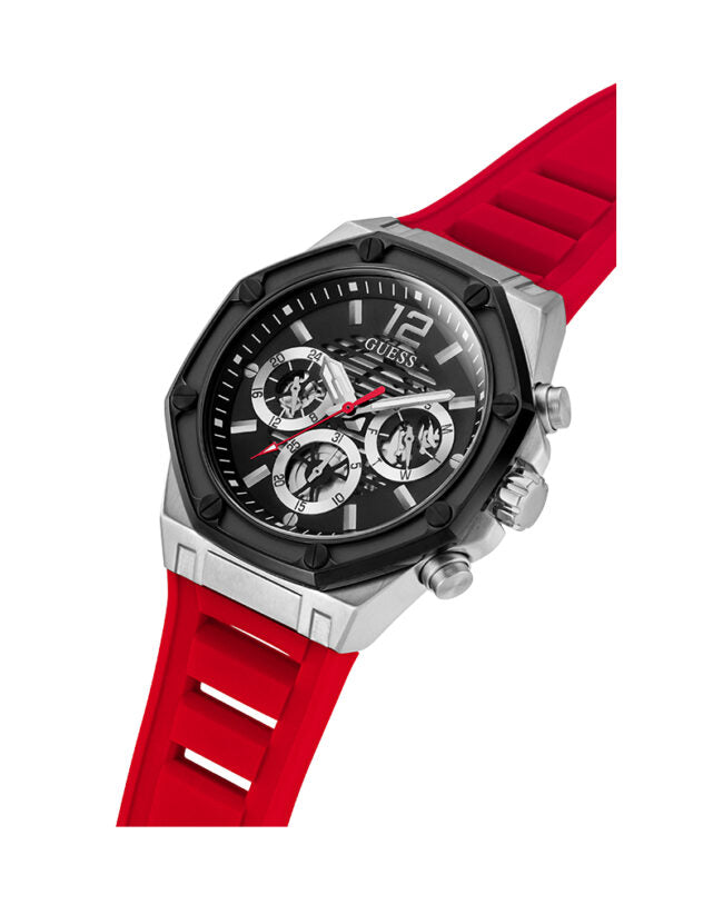 Guess Mens Silver Case with Black TR Black Multi-Function Dial Red Silicone Strap Watch
