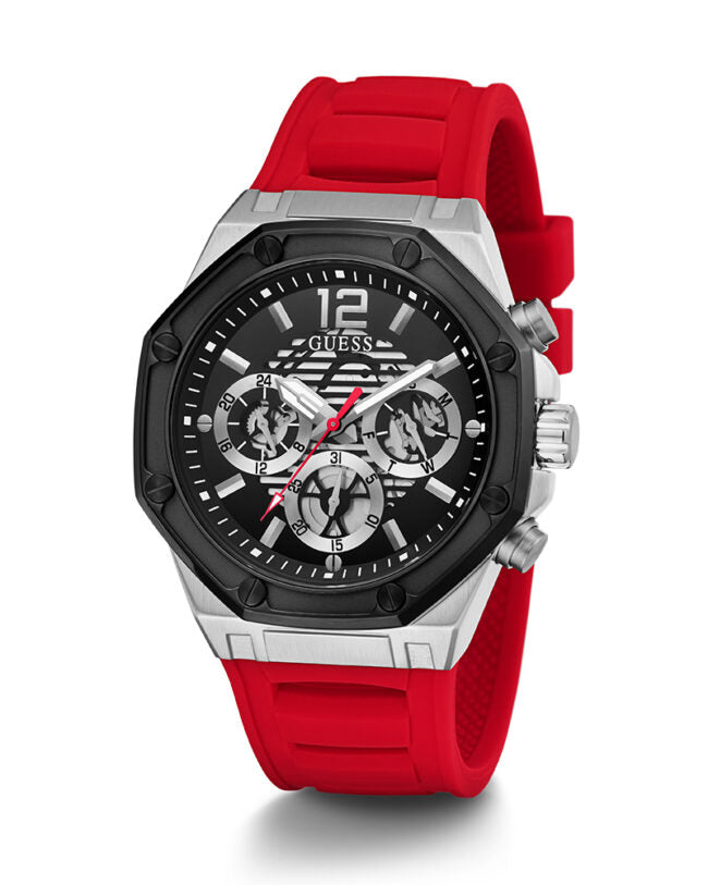 Guess Mens Silver Case with Black TR Black Multi-Function Dial Red Silicone Strap Watch Main Image