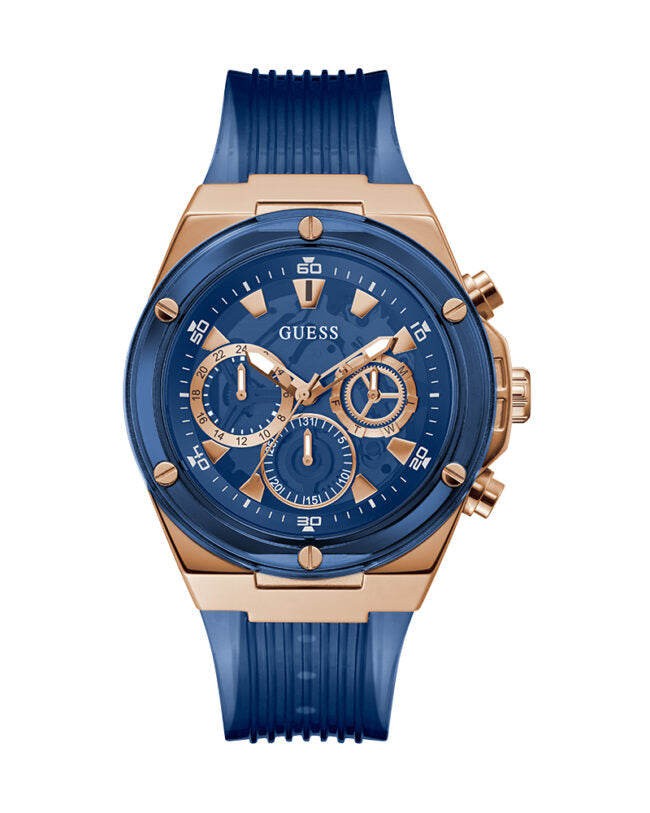 Guess Mens Watch – GW0425G3 Guess Mens Rosegold Tone Stainless Steel Case Rose gold Dial Analog Mineral Glass Multi-Function Blue Silicon Band Watch