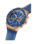 Guess Mens Watch – GW0425G3 Guess Mens Rosegold Tone Stainless Steel Case Rose gold Dial Analog Mineral Glass Multi-Function Blue Silicon Band Watch