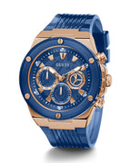 Guess Mens Watch – GW0425G3 Guess Mens Rosegold Tone Stainless Steel Case Rose gold Dial Analog Mineral Glass Multi-Function Blue Silicon Band Watch