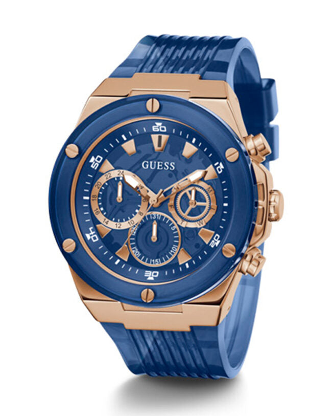 Guess Mens Watch – GW0425G3 Guess Mens Rosegold Tone Stainless Steel Case Rose gold Dial Analog Mineral Glass Multi-Function Blue Silicon Band Watch