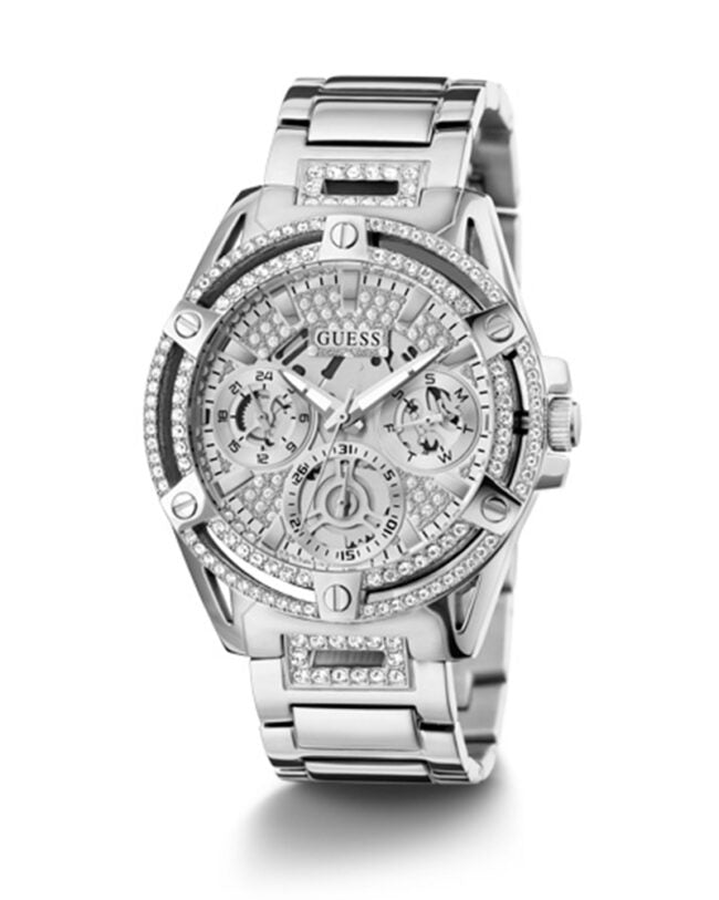 Guess Womens Silver Stainless Steel Case With Crystals Day+Date Silver Dial Silver Stainless Steel Bracelet Watch GW0464L1