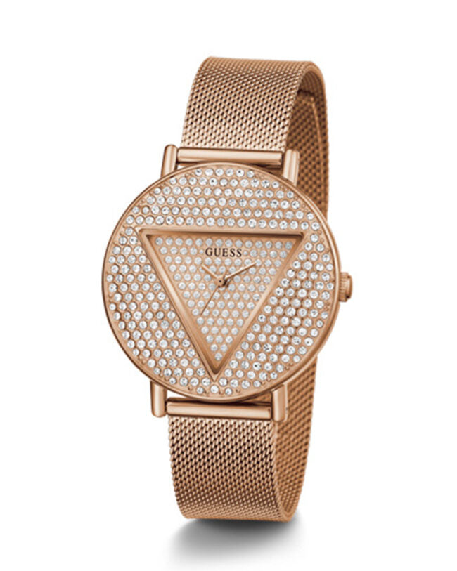 Guess Womens Rose Gold Stainless Steel Case Rose Gold Crystals Dial Rose Gold Mesh Stainless Steel Bracelet Watch GW0477L3 Main Image
