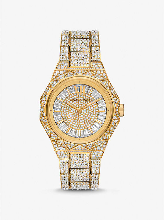 Michael Kors Raquel Three Hand Crystals Gold Dial Gold Steel Strap Watch For Women - MK7398 Hover Image
