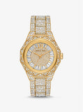Michael Kors Raquel Three Hand Crystals Gold Dial Gold Steel Strap Watch For Women - MK7398