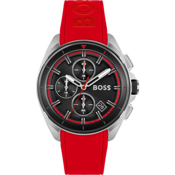 Hugo Boss Men’s Quartz Red Silicone Strap Black Dial 44mm Watch 1513959 Hover Image