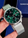 Tommy Hilfiger Analogue Multifunction Quartz Watch for Men with Silver Stainless Steel Mesh Bracelet - 1710499, Green,