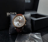 Hugo Boss Men’s Quartz Brown Leather Strap Silver Dial 44mm Watch 1513786